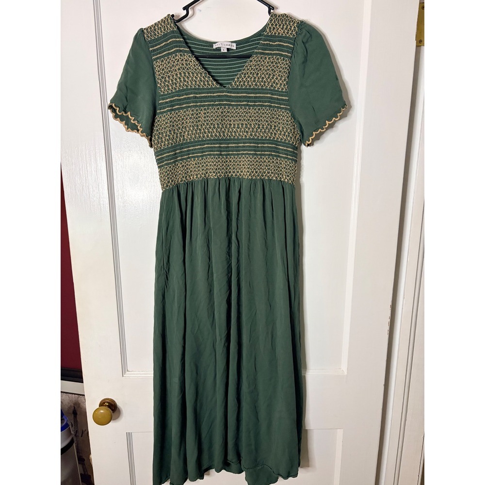 Baltic Born Green Smocked Midi Dress Embroidered Short Sleeve Rayon Large
